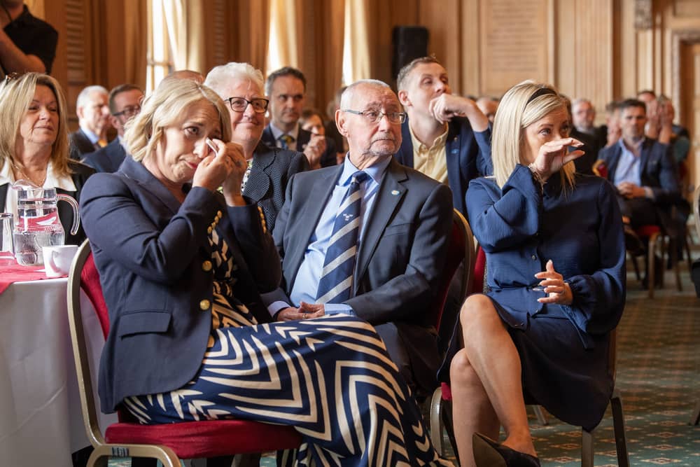 Parents of Rob Burrow Geoff and Irene, and his sisters Joanne Hartshorne and Claire Burnett  attending the civic event commemorating the life and achievements of Rob Burrow at Leeds Civic Hall photographed by Tony Johnson for The Yorkshire Post.