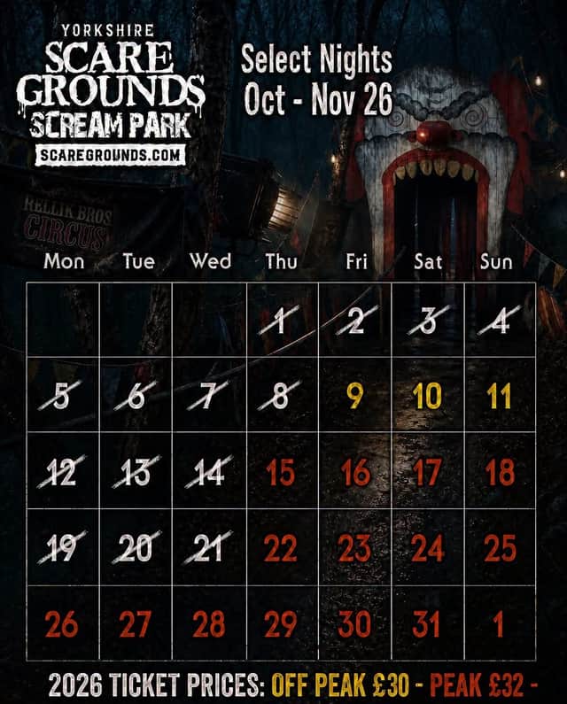 Yorkshire Scare Grounds Scream Park 2026 nights will run from October 9, until November 1.