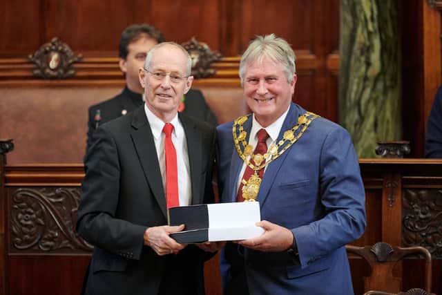 Coun Box was presented with a gift from Wakefield mayor Charlie Keith at his final council meeting. Picture from Wakefield Council.