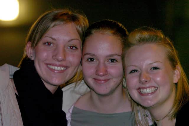 Jodie Jackson, aged 17, Vicki Boulton, aged 17 and Penny Bennett, aged 16 of Byram Park near Pontefract who waved at popstar Justin Timberlake who was sbowboarding at Xscape in Castleford, last night Tuesday 20 January 2004.