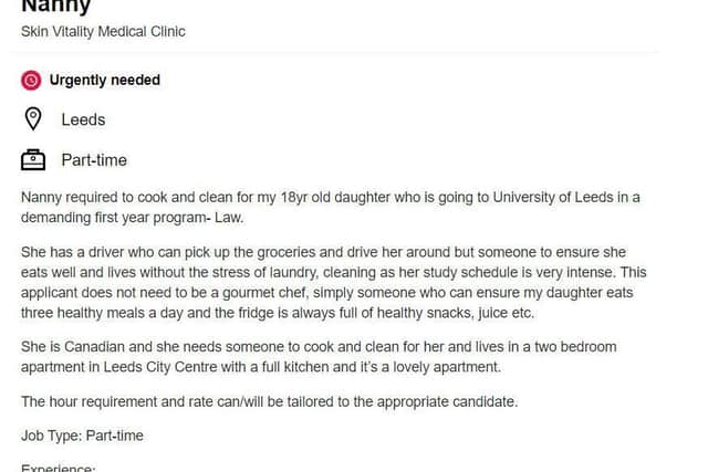 A job ad for a nanny has emerged online - to cook and clean for an 18-year-old university student.