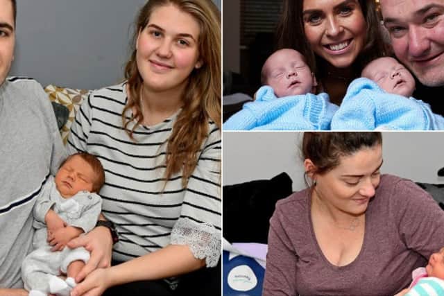 Sam Ward and Hollie Saunders with baby Harry (left), Nichola and Peter welcomed twin boys Jenson and Mason (top) and Carley Scollen with Lilly-Rose.