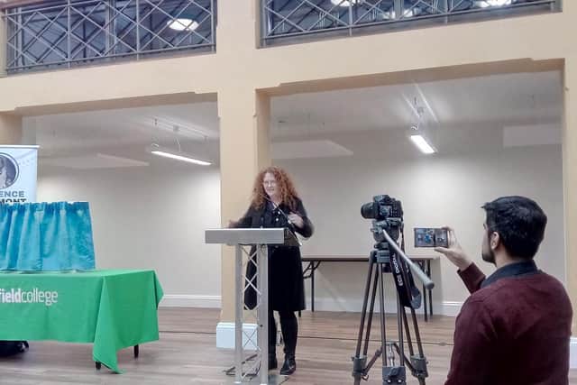 Sarah Cobham give a speech at the official opening of the Florence Beaumont building.