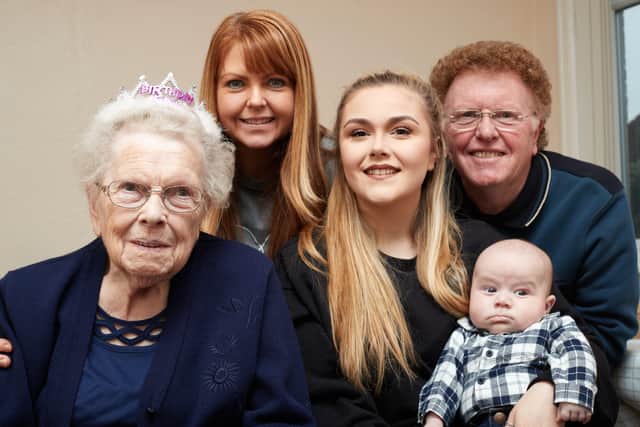 100 year old Lily Jones With son Alan Jones, grand daughter Tracy Gould, great grand daughter Shannon Gould, great great grand son Ashton Gould