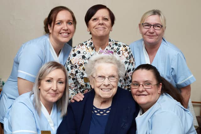100 year old Lily Jones
with Debra Stanley (manager) and Julie Barker, Tracy Kilvington, Jane Reynolds, Gemma Peach