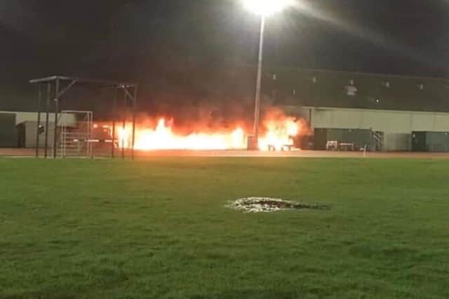 A fire at Thornes Park Stadium on Wednesday evening. Photo provided by Wakefield Official News via Twitter