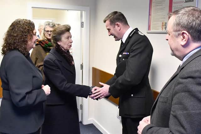 Lesley McLean, Contracts Manager for Victim Support, Princess Anne, Chief Constable John Robins and Mark Burns-Williamson. Photo: West Yorkshire PCC