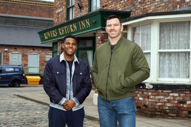 Nathan Graham with Keegan Hirst outside the Rovers Return at the Coronation Street set. Picture: ITV.