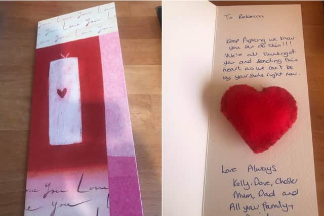 Kelly has posted a handmade card with a big red heart to Pinderfields, urging her sister to 'keep fighting'