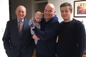 Four generations: Peter Lunn is pictured (far left) in 2017 with (from left to right) great grandson Joshua, son Andrew and grandson Mark.