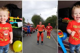 Superheroes including Mr incredible come to Ossett to wish Alfie Happy Birthday.