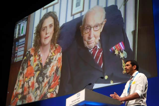 Captain Tom Moore and his daughter Hannah Ingram-Moore speaking via videolink at the opening of NHS Nightingale Hospital Yorkshire and Humber in North Yorkshire on April 21, 2020. Picture: Getty