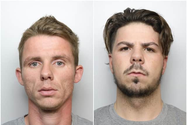 William McGinley, 27, and James Harty, 19, pleaded guilty to a number of offences, includingrobbery, attempted robbery, fraud by false representation and theft of a motor vehicle.