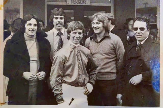 John Morgan (right) pictured at the races with Leeds Uniterd players Frank Gray, David Harvey and Tony Currie.