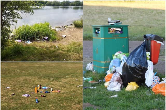 Pictures taken this weekend show litter in parks and beauty spots across the district. Photos, clockwise from top left: Darren Williams, Sue Billcliffe and Michael Shenton.