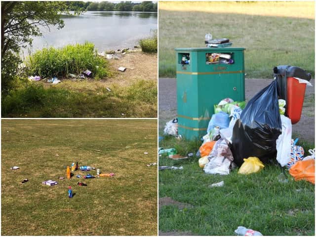 Pictures taken this weekend show litter in parks and beauty spots across the district. Photos, clockwise from top left: Darren Williams, Sue Billcliffe and Michael Shenton.