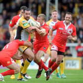 Craig Huby takes on the Salford defence during a game for Castleford in 2013. Picture by Simon Hulme.