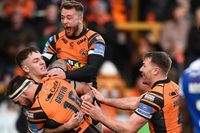 Castleford Tigers celebrate victory over St Helens before lockdown. Picture:  George Wood/Getty Images.
