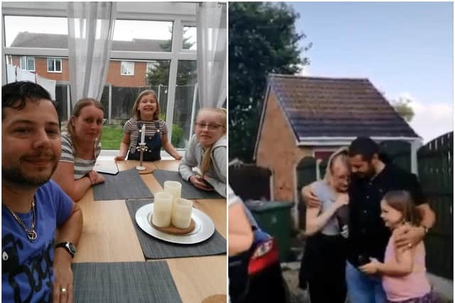 The Hudsons are pictured at their last dinner before they were separated and (right), after their surprise reunion.