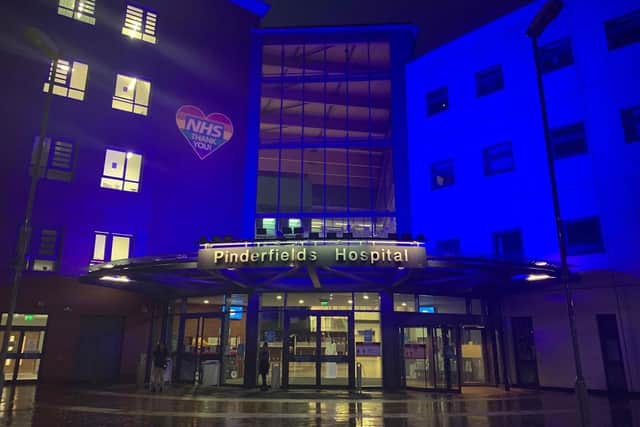 Pinderfields Hospital will be lit blue this weekend as part of national celebrations for the NHS' 72nd birthday. Photo: Mid Yorkshire Hospitals NHS Trust