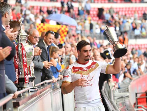 Tony Gigot accepts the Lance Todd Trophy after helping Catalans Dragons to their historic Challenge Cup final win at Wembley in 2018. (SWPIX)