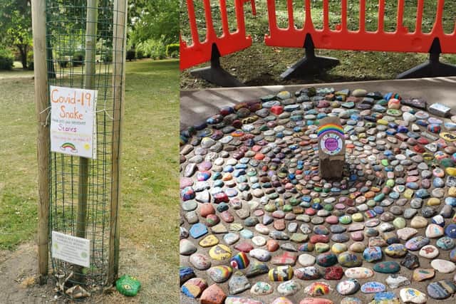 The snake at the beginning of lockdown (left) and the 'Circle of Hope' (right)