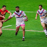 Wakefield Trinity's David Fifita in action against Catalans Dragons in Super League, the game where he did not wear a GPS vest. (Alex Whitehead/SWpix.com)