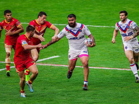 Wakefield Trinity's David Fifita in action against Catalans Dragons in Super League, the game where he did not wear a GPS vest. (Alex Whitehead/SWpix.com)