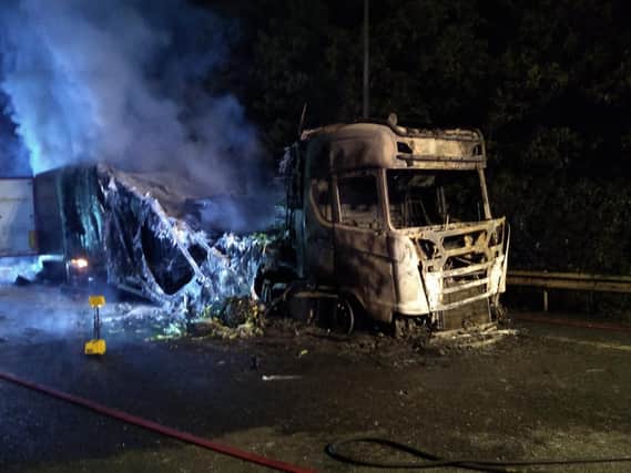 A lorry was on fire on the A1 near Wakefield. Photo: Highways England