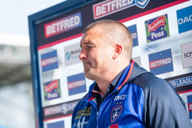 Picture by Allan McKenzie/SWpix.com - 09/08/2020 - Rugby League - Betfred Super League - Wakefield Trinity v Wigan Warriors - Emerald Headingley Stadium, Leeds, England - Wakefield coach Chris Chester is interviewed after his side's loss to Wigan.