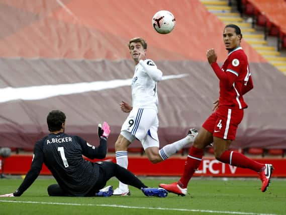 Patrick Bamford (centre) scoring Leeds United's side's second goal of the game during the Premier League match at Anfield, Liverpool on Saturday September 12.
Photo: Phil Noble/NMC Pool/PA Wire.
