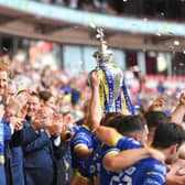 HRH Prince Harry, Duke of Sussex hands the trophy to Warrington Wolves, the winners of the 2019 Coral Challenge Cup Final at Wembley. (Simon Wilkinson/SWpix.com)