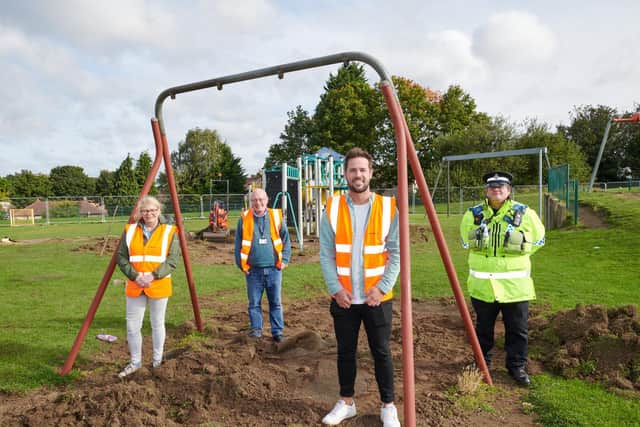 Work has begun on an £80,000 makeover at a popular children's playground in Wakefield. Councillors Hilary Mitchell, Kevin Swift and Michael Graham at the play area.