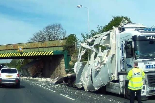 The bridge over Doncaster Road, Crofton, is known locally as Redbeck Bridge, and has been the site of many collisions over the years, as drivers in high-sided vehicles misjudge the height of the railway lines. Pictured is a collision in 2018.