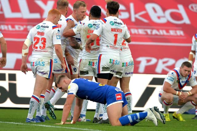 Wakefield celebrate a try in last week's defeat to St Helens. Picture: Bruce Rollinson.