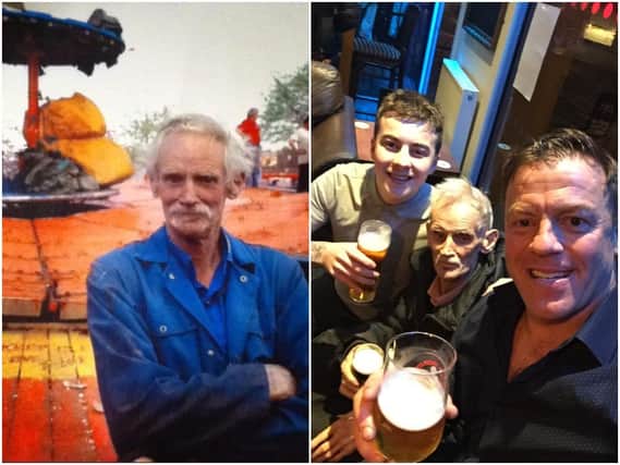 Tributes have been paid to a 'real character' from Wakefield's former funfair, who has passed away at the age of 79. Barry Sprurr, known as Sproggy, is pictured with his 'surrogate family members' Austin and Ben Riley.