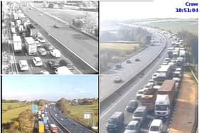 More than three miles of traffic has been reported after a collision on the M1 at Wakefield this morning. Photos: Highways England