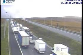 Drivers are facing long delays on the M62 this afternoon after a spillage on the carriageway. Photo: Highways England