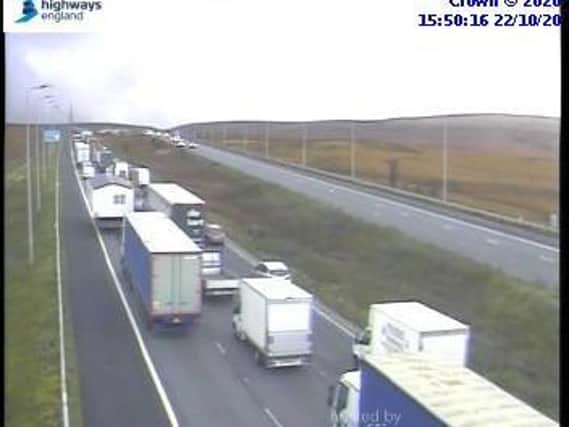 Drivers are facing long delays on the M62 this afternoon after a spillage on the carriageway. Photo: Highways England