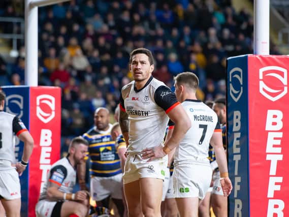 Toronto Wolfpack's Sonny Bill-Williams looks on at the replay screen after a Leeds Rhinos try at Headingley earlier this year. (Allan McKenzie/SWpix.com)