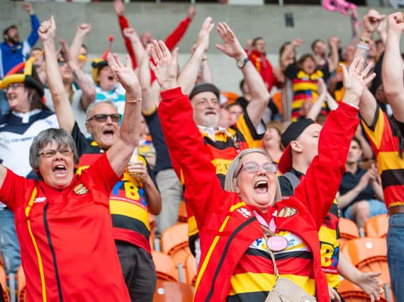 Dewsbury fans and supporters celebrate victory at the Summer Bash. Picture by Allan McKenzie/SWpix.com
