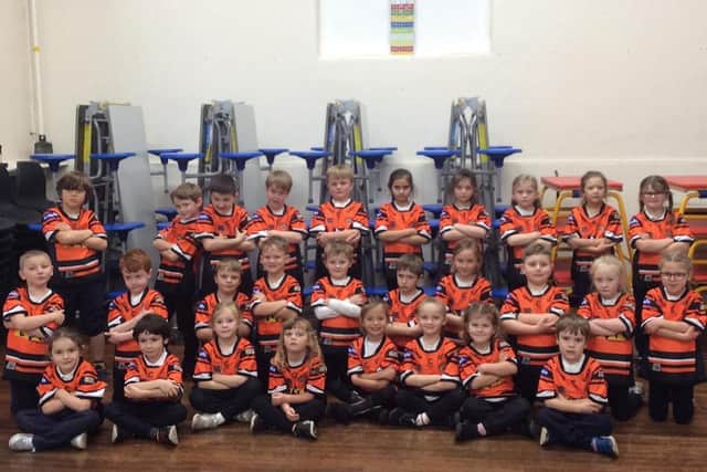 Aberford Primary School pupils dressed in their gifted shirts