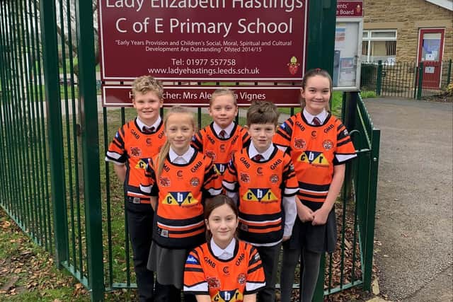Lady Elizabeth Hastings Primary School wearing their gifted shirts