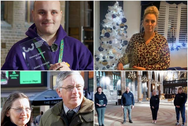 Community Foundation for Wakefield District, Unsung Heroes: Volunteers. Clockwise, from top left: Adam Stokes, Zoe Whittaker, Neil, Vicky, Alison and Kate and Graham and Jan Woodrow.