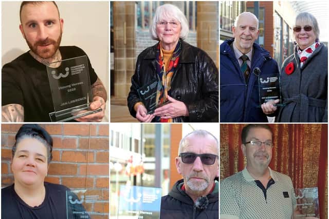 Community Foundation for Wakefield District, Unsung Heroes: Volunteers. Clockwise, from top left: Jan Lawrence, Margaret Whittaker, Roy and Margaret Mitchell, Tim Felkin, Darren Ball and Lyndsay Stansfield