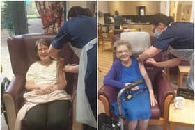 Staff and residents at a Castleford care home have celebrated an 'emotional' day, as they became the first in the town to receive Covid-19 vaccinations. Pictured are Barbara Mills, 89, and Gwen Smales, 85, getting the first dose of the jab.
