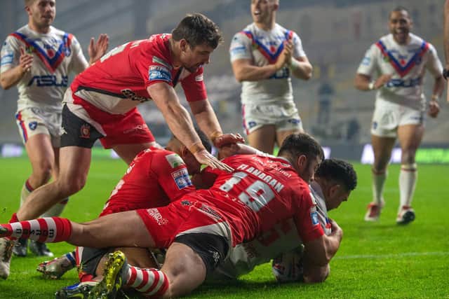 Kelepi Tanginoa scores for Wakefield against Salford on November 6, in their final game of 2020. Picture by Bruce Rollinson.