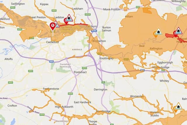 Flood alerts remains in place for large areas of Castleford, Fairburn and Allerton Bywater, as well as Knottingley and Brotherton and some areas of Featherstone, Hemsworth and Ackworth. Photo: Environment Agency