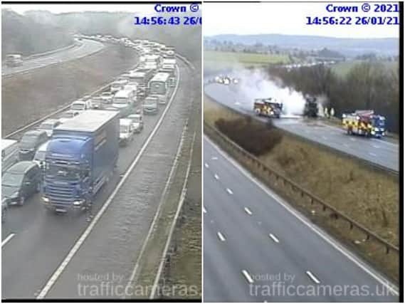 Long delays have been reported and road closures implemented as fire crews battle a vehicle fire on the M1 this afternoon.Photos: Highways England