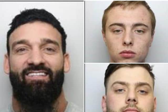The gang was jailed for more than 28 years. Pictured is King (left), Rigby (top right) and Skinner.